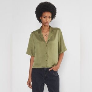 Wilfred Beso Satin Short Sleeve Button Down Shirt - Olive Green